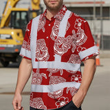 Hi Vis Hawaiian Shirt Reflective Tapes Red Neon Tiki Custom Name Safety Workwear For Workers, Truckers, Operators