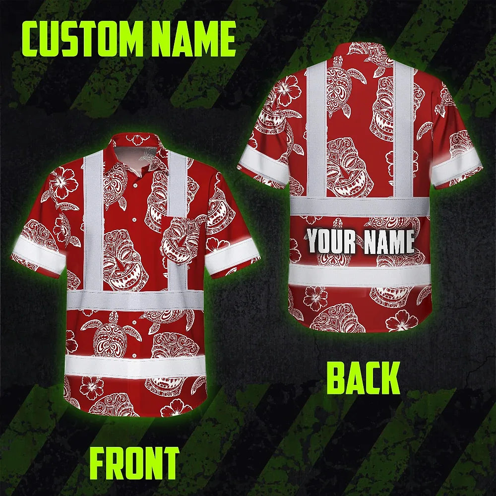 Hi Vis Hawaiian Shirt Reflective Tapes Red Neon Tiki Custom Name Safety Workwear For Workers, Truckers, Operators
