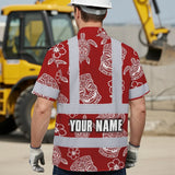 Hi Vis Hawaiian Shirt Reflective Tapes Red Neon Tiki Custom Name Safety Workwear For Workers, Truckers, Operators