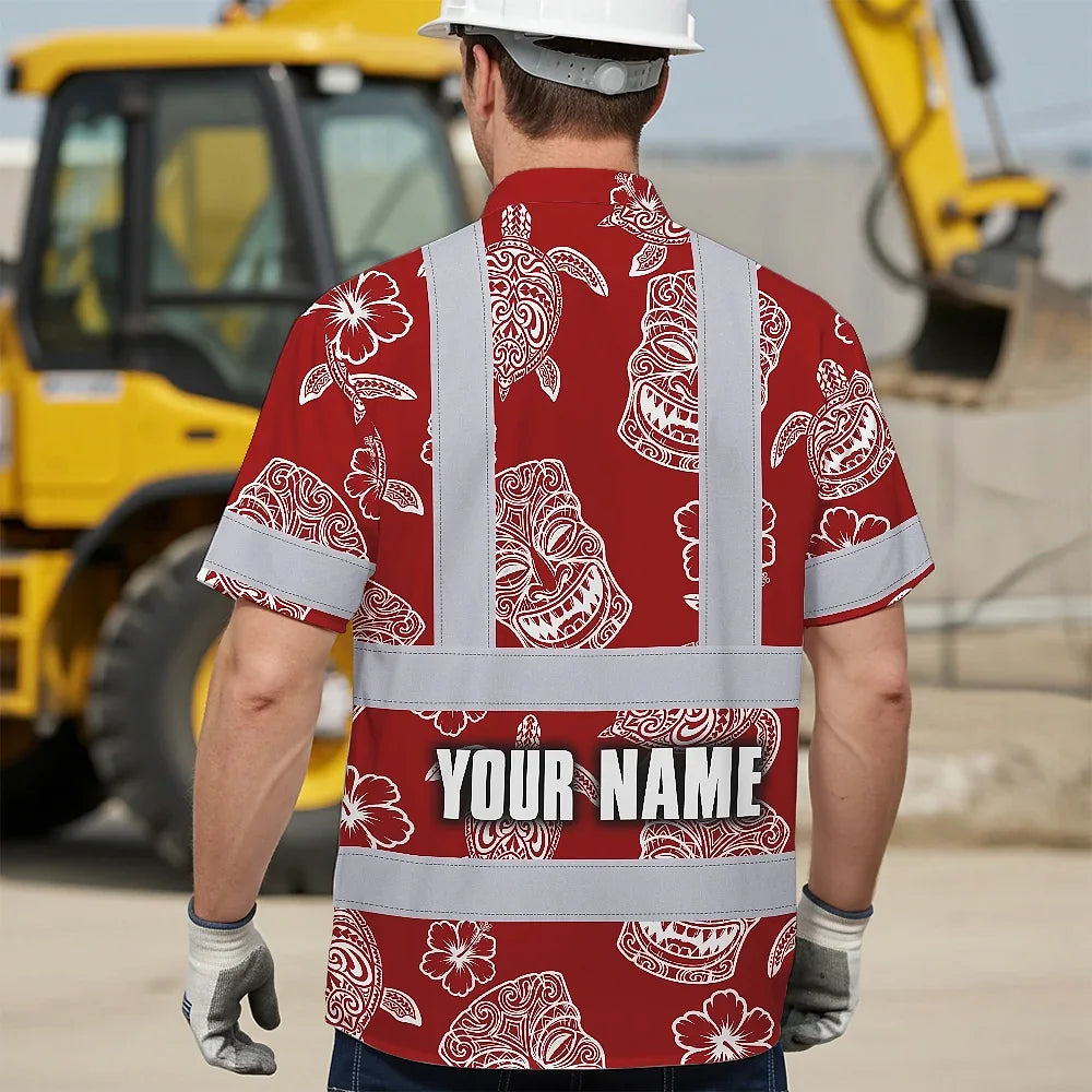 Hi Vis Hawaiian Shirt Reflective Tapes Red Neon Tiki Custom Name Safety Workwear For Workers, Truckers, Operators