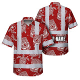 Hi Vis Hawaiian Shirt Reflective Tapes Red Neon Tiki Custom Name Safety Workwear For Workers, Truckers, Operators