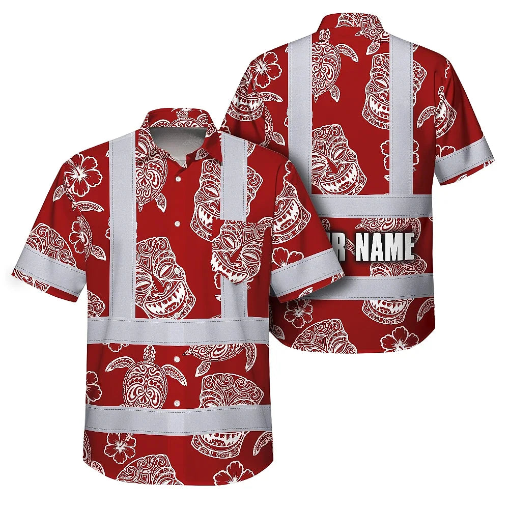 Hi Vis Hawaiian Shirt Reflective Tapes Red Neon Tiki Custom Name Safety Workwear For Workers, Truckers, Operators