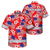 Hi Vis Hawaiian Shirt Reflective Tapes Red Neon US Flag Custom Name Safety Workwear For Workers, Truckers, Operators, Independence