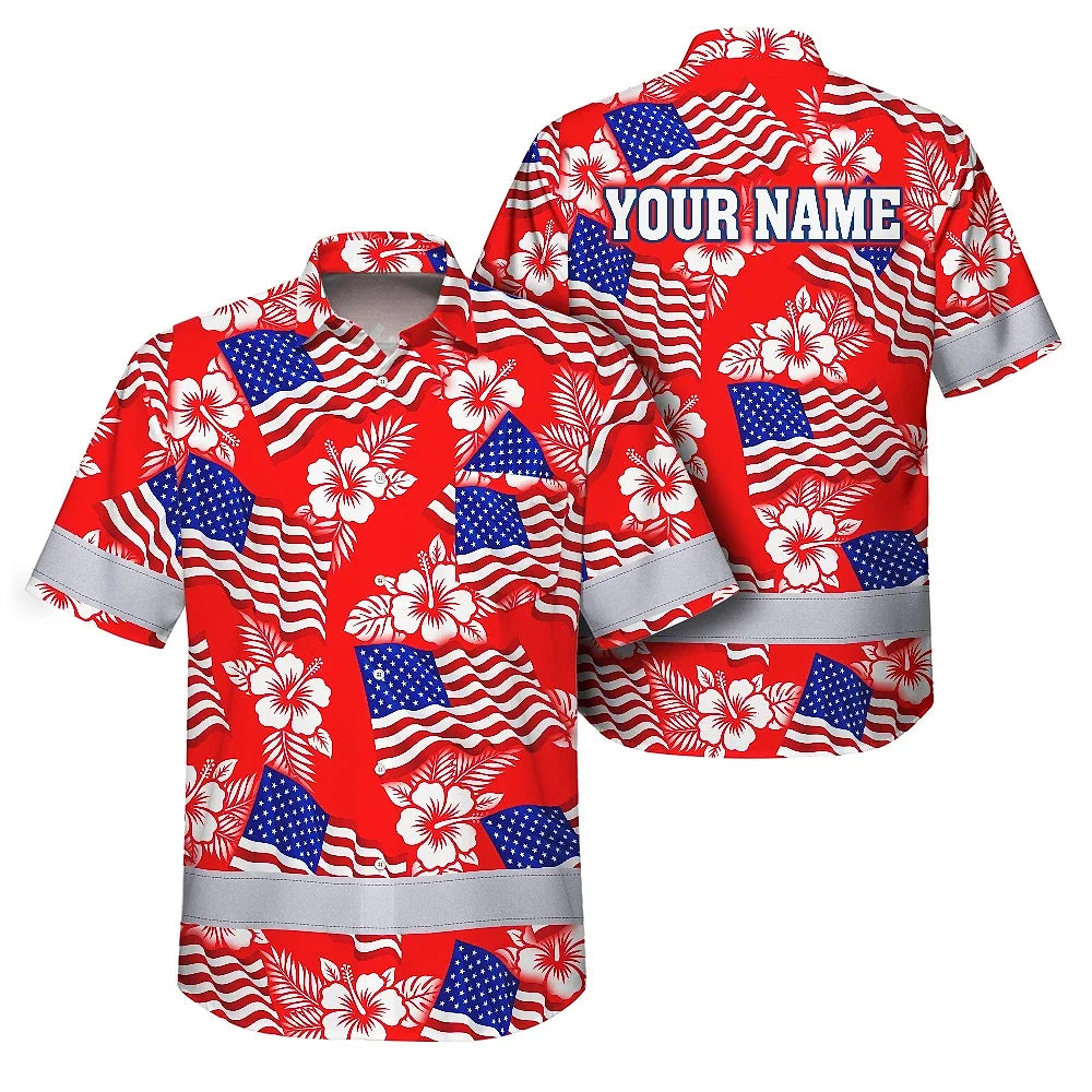 Hi Vis Hawaiian Shirt Reflective Tapes Red Neon US Flag Custom Name Safety Workwear For Workers, Truckers, Operators, Independence