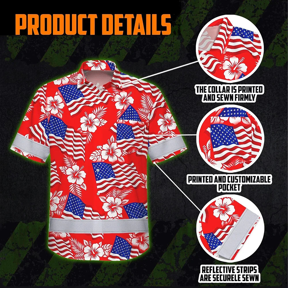 Hi Vis Hawaiian Shirt Reflective Tapes Red Neon US Flag Custom Name Safety Workwear For Workers, Truckers, Operators, Independence