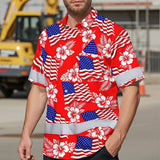 Hi Vis Hawaiian Shirt Reflective Tapes Red Neon US Flag Custom Name Safety Workwear For Workers, Truckers, Operators, Independence