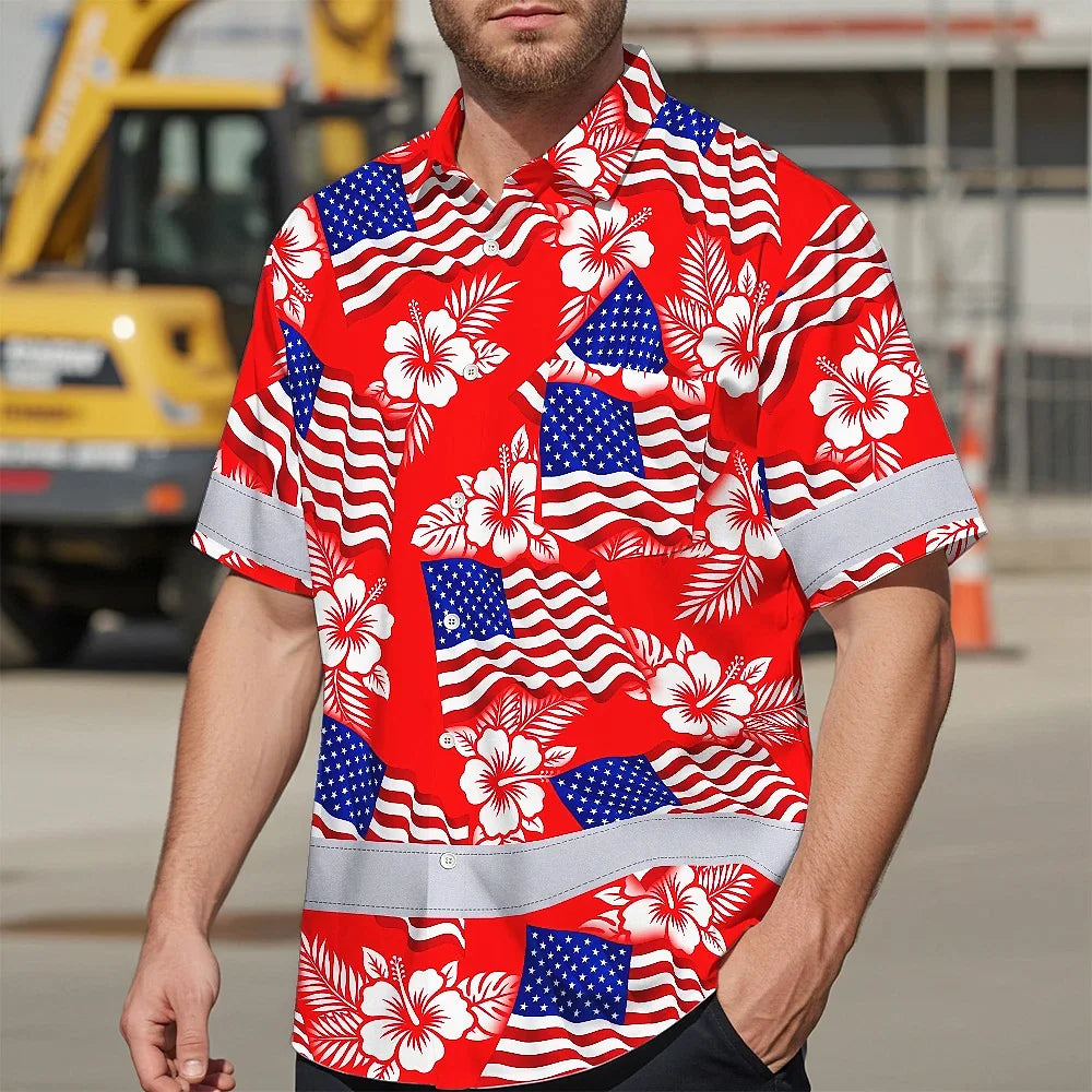 Hi Vis Hawaiian Shirt Reflective Tapes Red Neon US Flag Custom Name Safety Workwear For Workers, Truckers, Operators, Independence