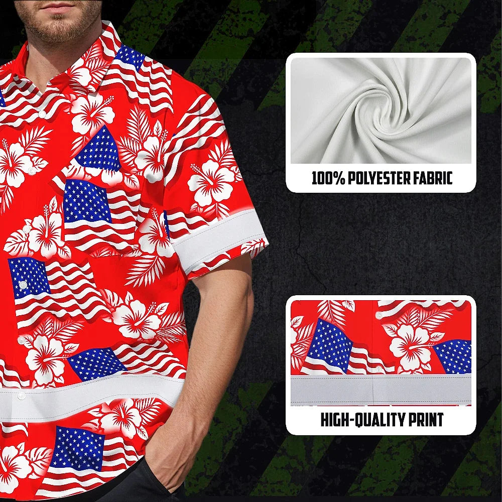 Hi Vis Hawaiian Shirt Reflective Tapes Red Neon US Flag Custom Name Safety Workwear For Workers, Truckers, Operators, Independence