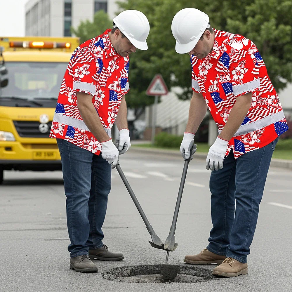 Hi Vis Hawaiian Shirt Reflective Tapes Red Neon US Flag Custom Name Safety Workwear For Workers, Truckers, Operators, Independence