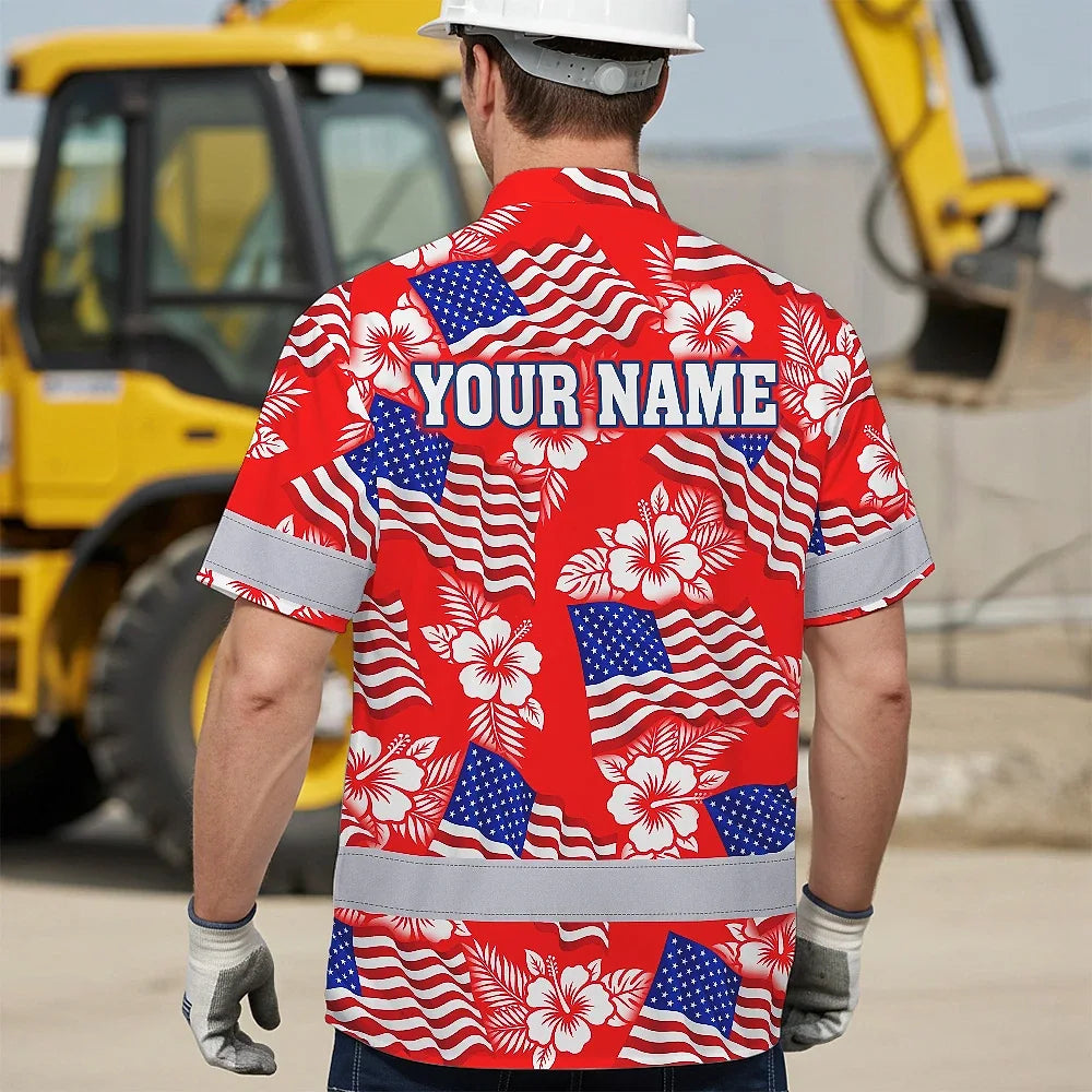 Hi Vis Hawaiian Shirt Reflective Tapes Red Neon US Flag Custom Name Safety Workwear For Workers, Truckers, Operators, Independence