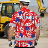 Hi Vis Hawaiian Shirt Reflective Tapes Red Neon US Flag Custom Name Safety Workwear For Workers, Truckers, Operators, Independence