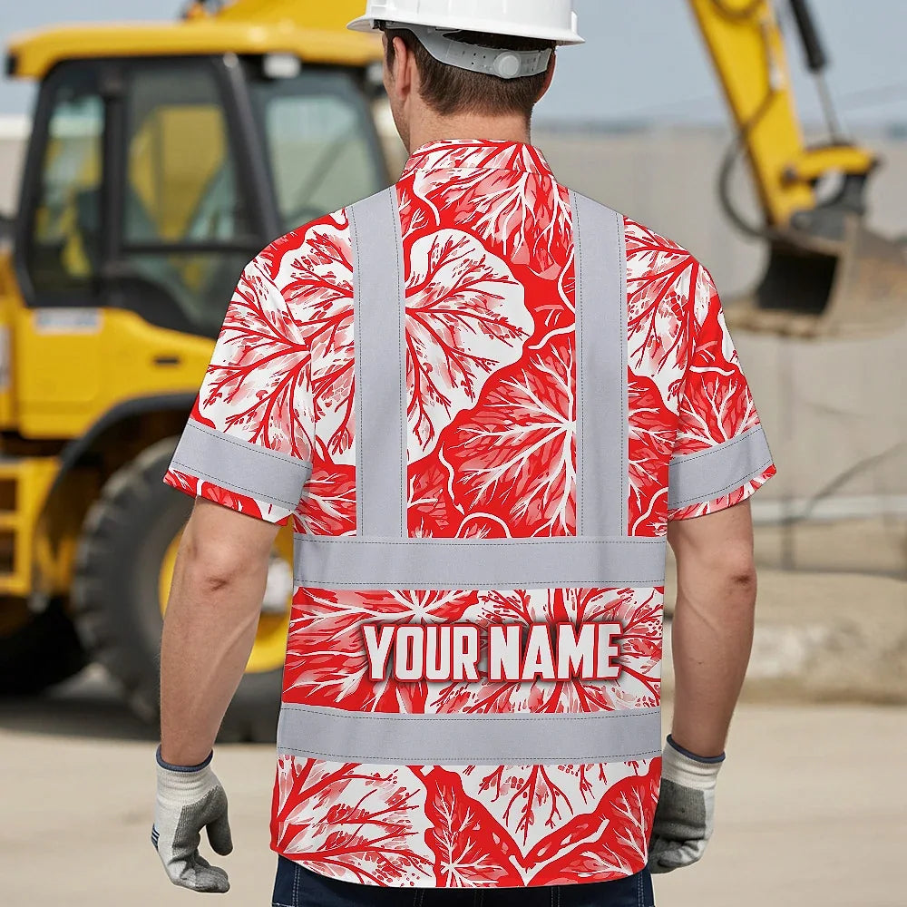 Hi Vis Hawaiian Shirt Reflective Tapes Red Neon White Flowers Custom Name Safety Workwear For Workers, Truckers, Operators