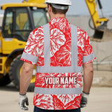 Hi Vis Hawaiian Shirt Reflective Tapes Red Neon White Flowers Custom Name Safety Workwear For Workers, Truckers, Operators