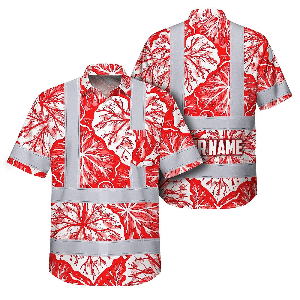 Hi Vis Hawaiian Shirt Reflective Tapes Red Neon White Flowers Custom Name Safety Workwear For Workers, Truckers, Operators