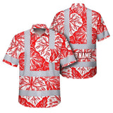 Hi Vis Hawaiian Shirt Reflective Tapes Red Neon White Flowers Custom Name Safety Workwear For Workers, Truckers, Operators