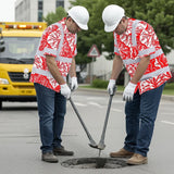 Hi Vis Hawaiian Shirt Reflective Tapes Red Neon White Flowers Custom Name Safety Workwear For Workers, Truckers, Operators