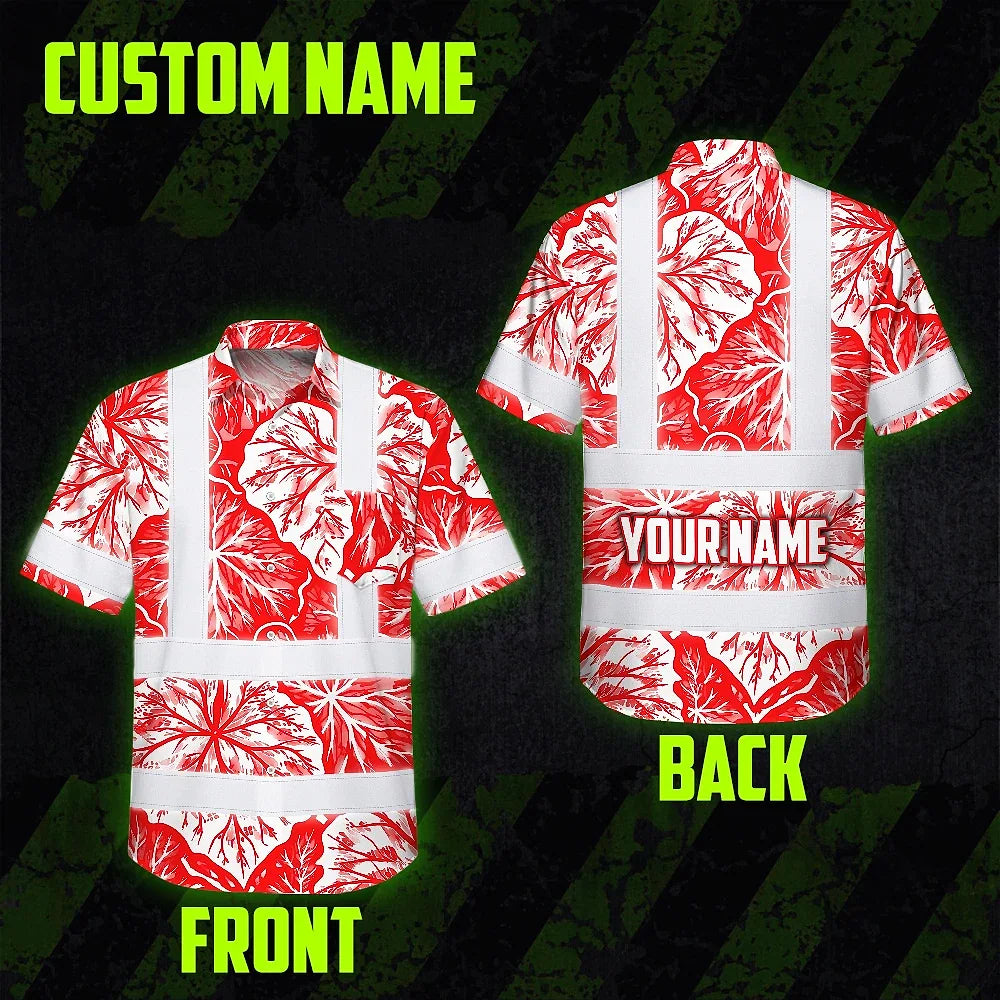Hi Vis Hawaiian Shirt Reflective Tapes Red Neon White Flowers Custom Name Safety Workwear For Workers, Truckers, Operators