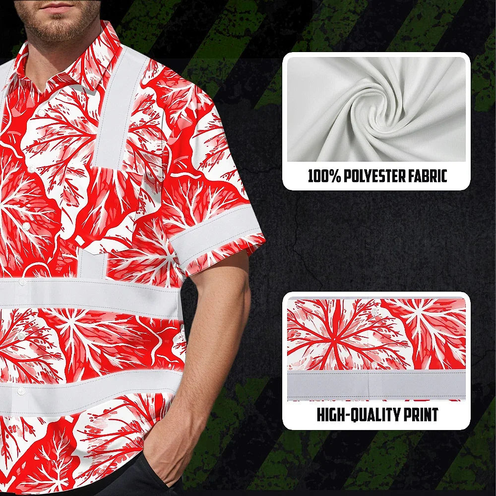 Hi Vis Hawaiian Shirt Reflective Tapes Red Neon White Flowers Custom Name Safety Workwear For Workers, Truckers, Operators