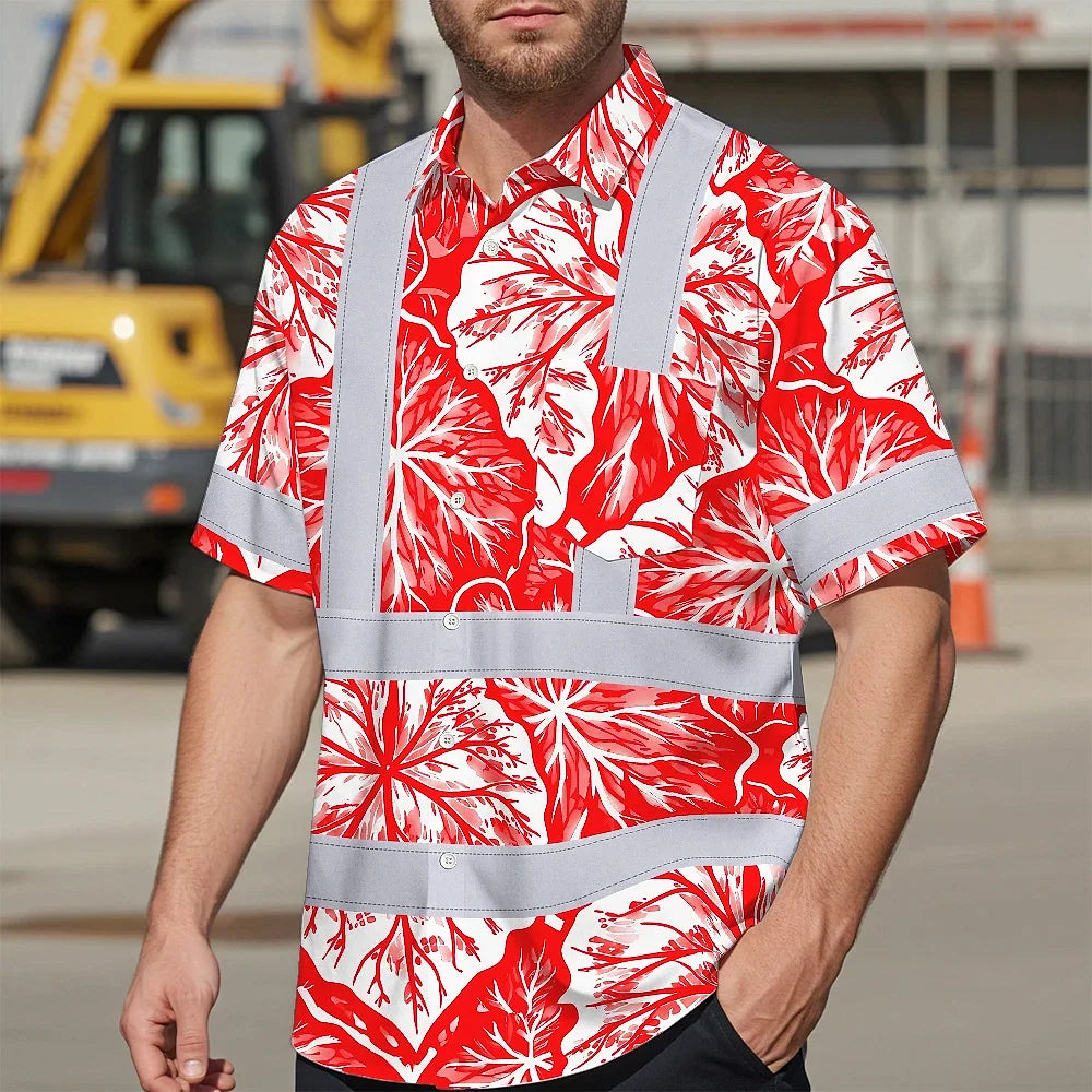 Hi Vis Hawaiian Shirt Reflective Tapes Red Neon White Flowers Custom Name Safety Workwear For Workers, Truckers, Operators
