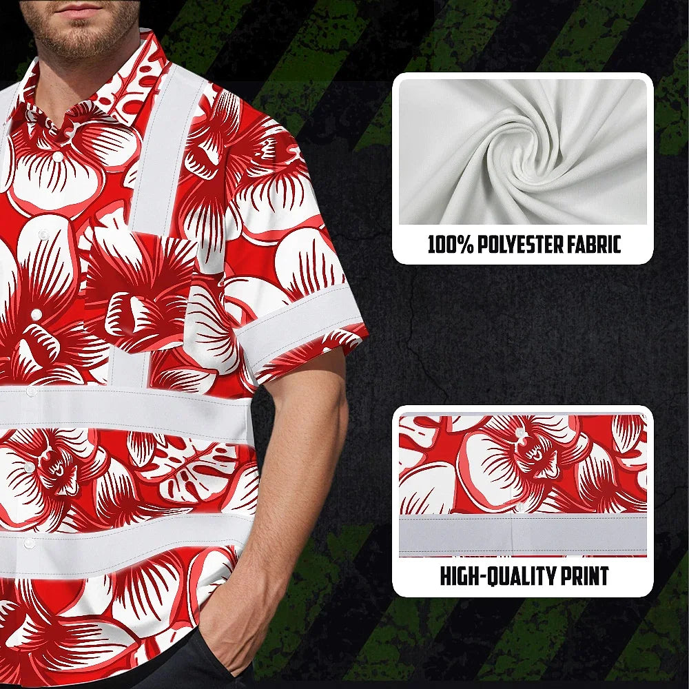 Hi Vis Hawaiian Shirt Reflective Tapes Red Neon White Orchid Custom Name Safety Workwear For Workers, Truckers, Operators
