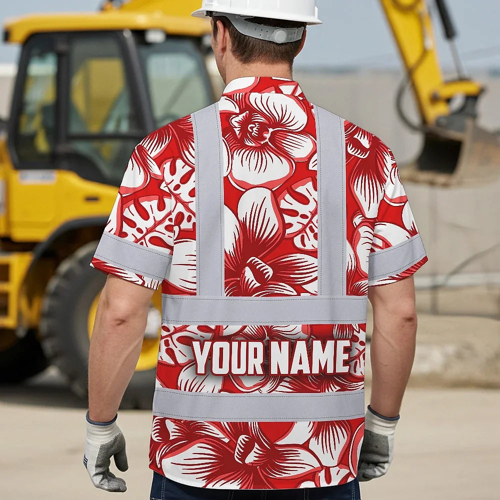Hi Vis Hawaiian Shirt Reflective Tapes Red Neon White Orchid Custom Name Safety Workwear For Workers, Truckers, Operators