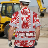 Hi Vis Hawaiian Shirt Reflective Tapes Red Neon White Orchid Custom Name Safety Workwear For Workers, Truckers, Operators