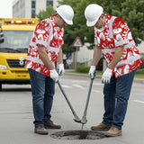 Hi Vis Hawaiian Shirt Reflective Tapes Red Neon White Orchid Custom Name Safety Workwear For Workers, Truckers, Operators