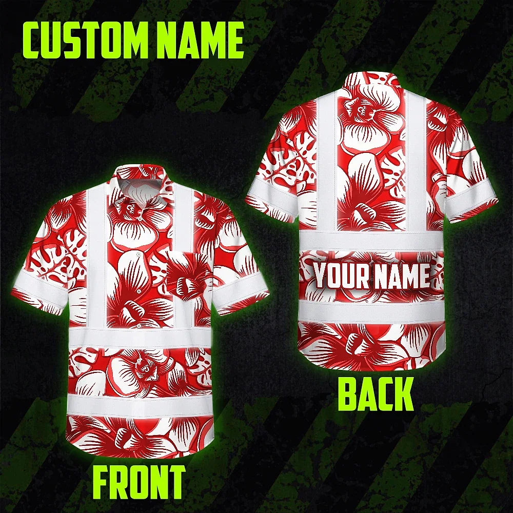 Hi Vis Hawaiian Shirt Reflective Tapes Red Neon White Orchid Custom Name Safety Workwear For Workers, Truckers, Operators