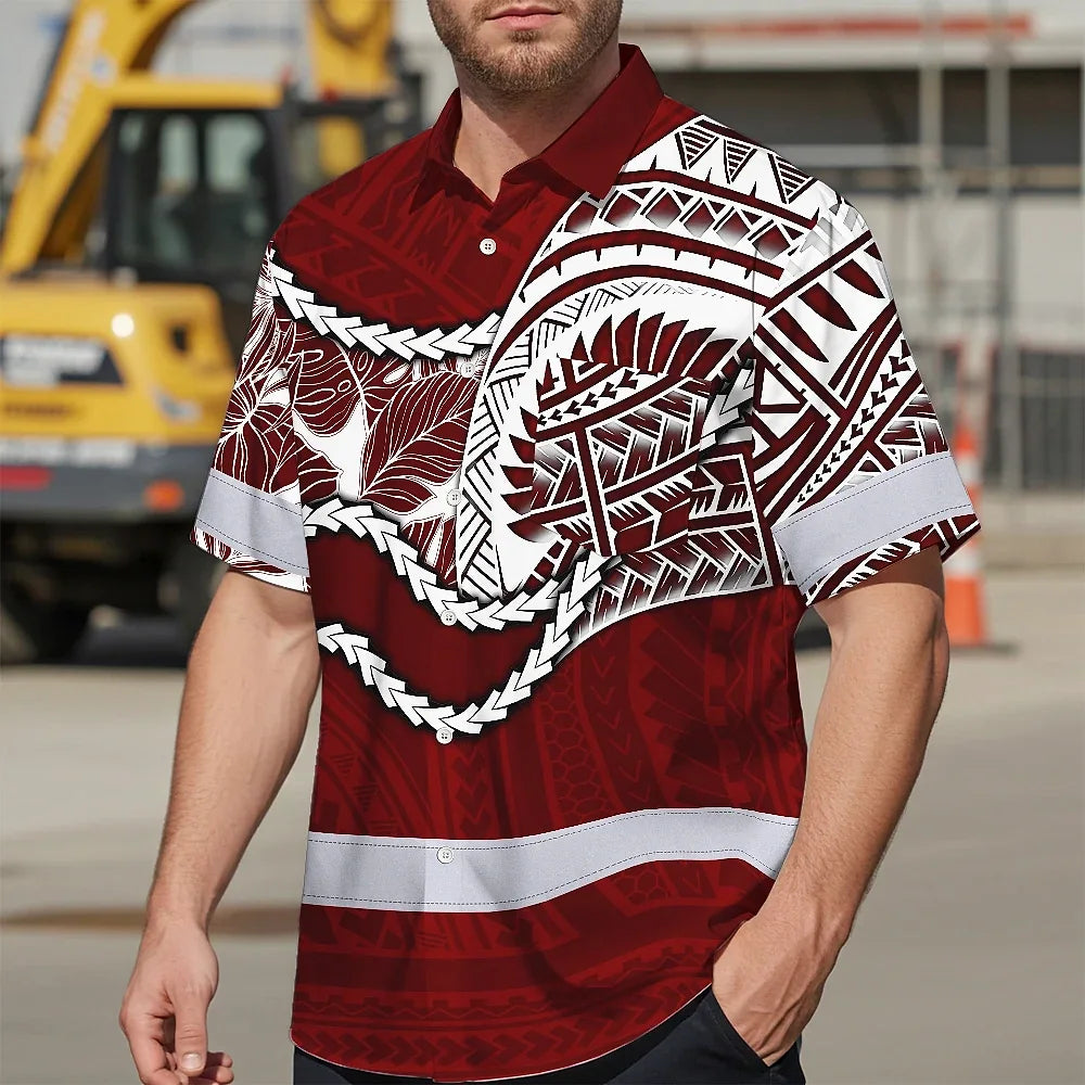 Hi Vis Hawaiian Shirt Reflective Tapes Red Neon White Polynesian Tribal Custom Name Safety Workwear For Workers, Truckers, Operators
