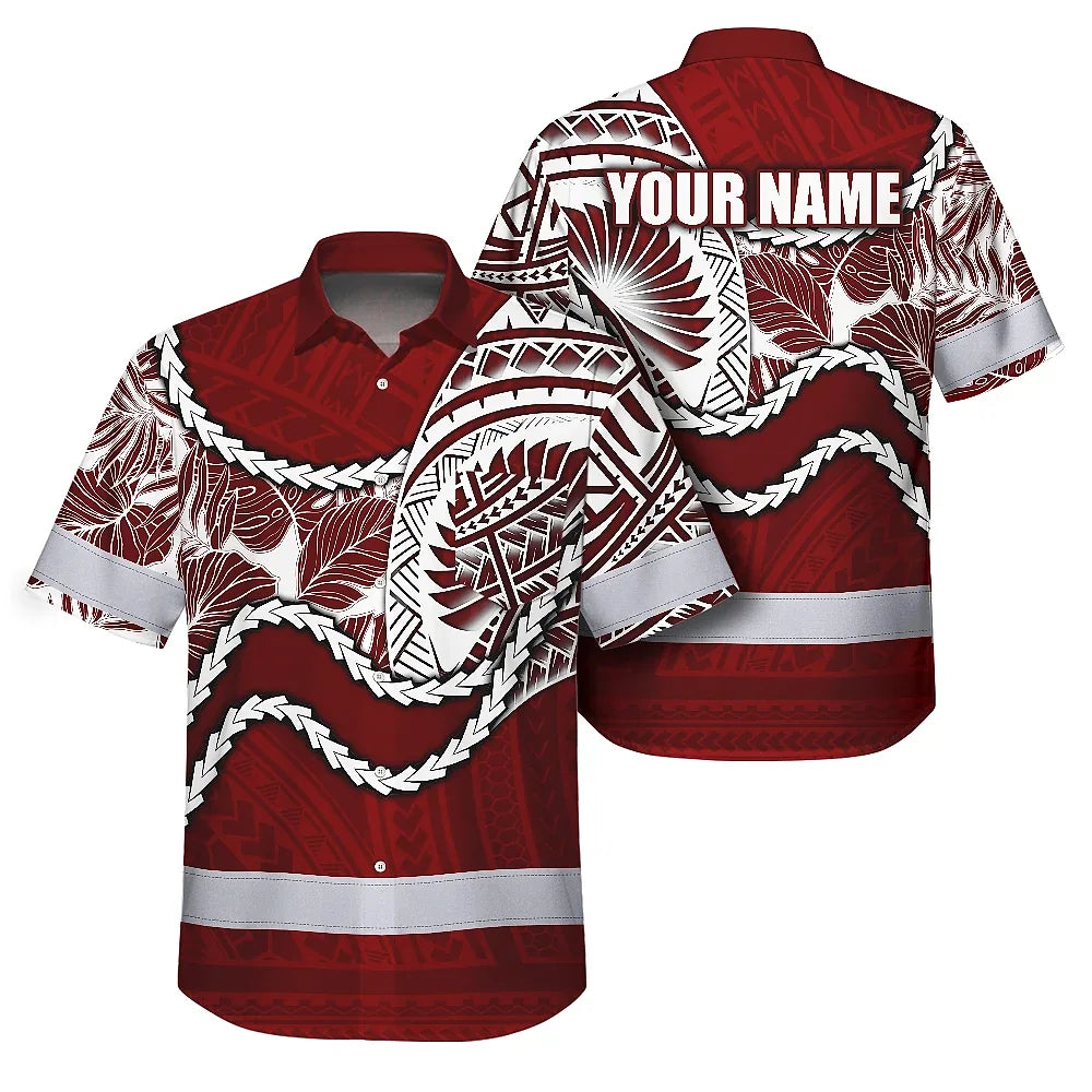 Hi Vis Hawaiian Shirt Reflective Tapes Red Neon White Polynesian Tribal Custom Name Safety Workwear For Workers, Truckers, Operators