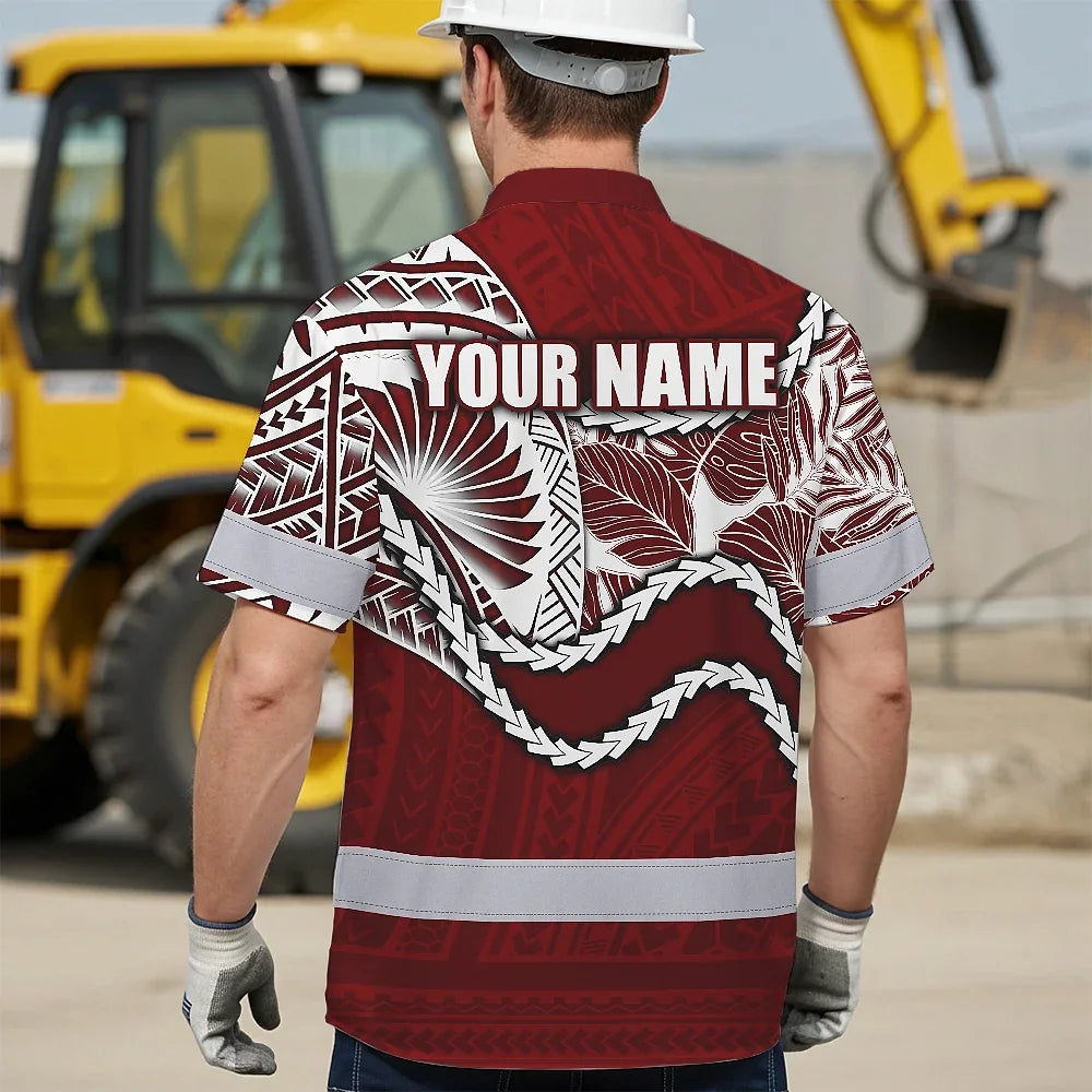 Hi Vis Hawaiian Shirt Reflective Tapes Red Neon White Polynesian Tribal Custom Name Safety Workwear For Workers, Truckers, Operators