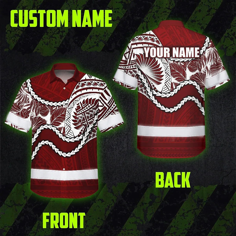 Hi Vis Hawaiian Shirt Reflective Tapes Red Neon White Polynesian Tribal Custom Name Safety Workwear For Workers, Truckers, Operators