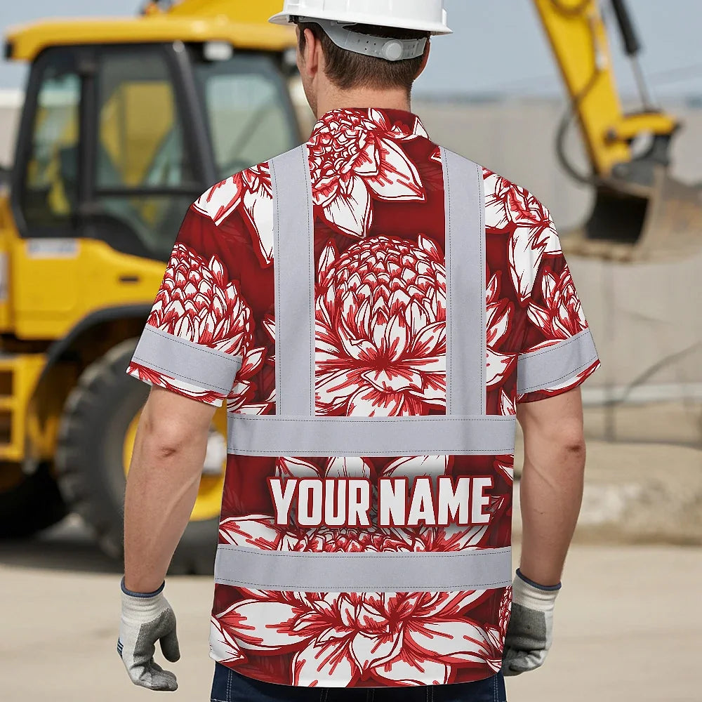 Hi Vis Hawaiian Shirt Reflective Tapes Red Neon White Protea Custom Name Safety Workwear For Workers, Truckers, Operators