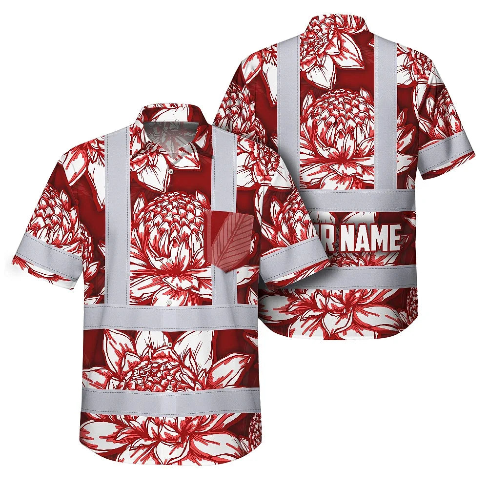 Hi Vis Hawaiian Shirt Reflective Tapes Red Neon White Protea Custom Name Safety Workwear For Workers, Truckers, Operators