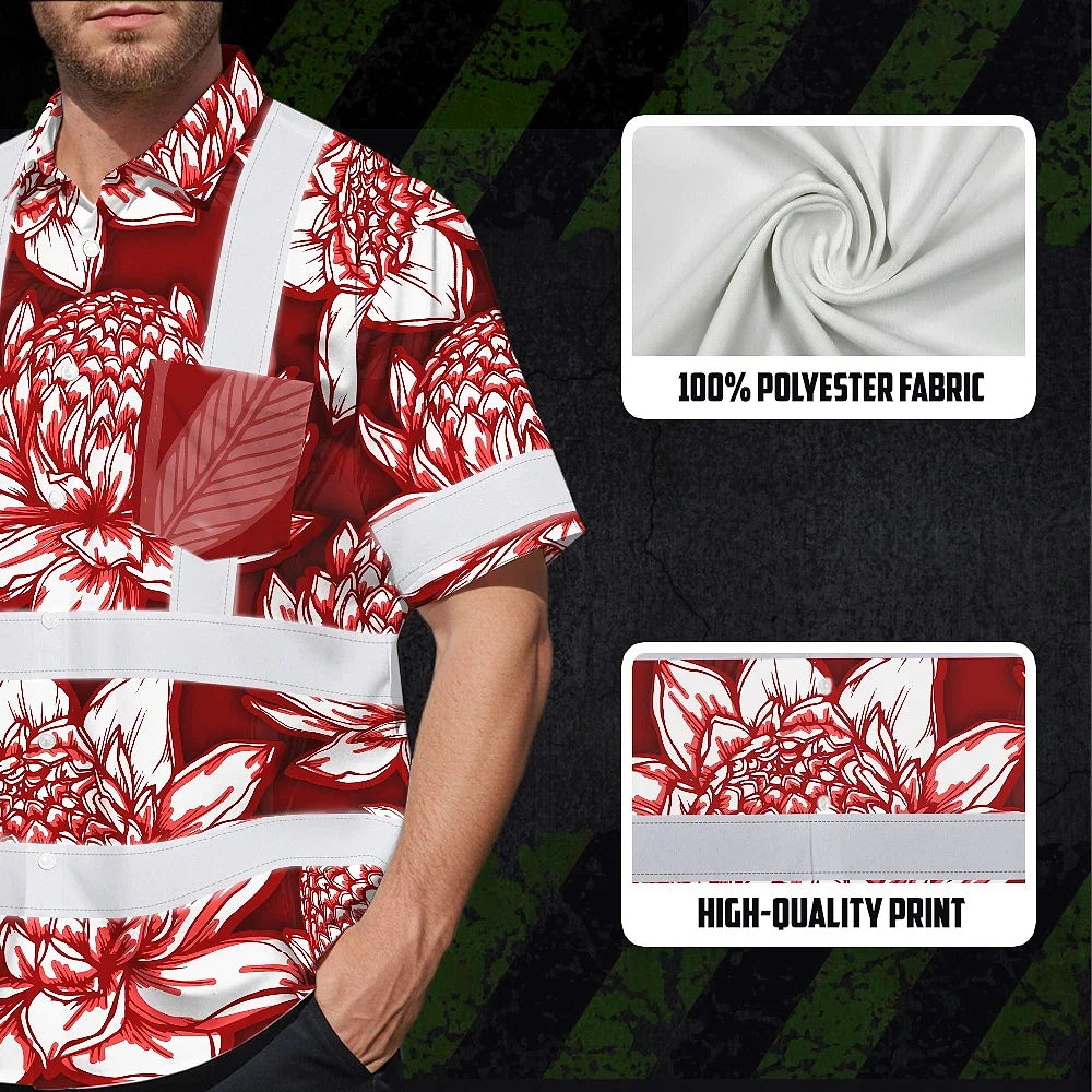 Hi Vis Hawaiian Shirt Reflective Tapes Red Neon White Protea Custom Name Safety Workwear For Workers, Truckers, Operators