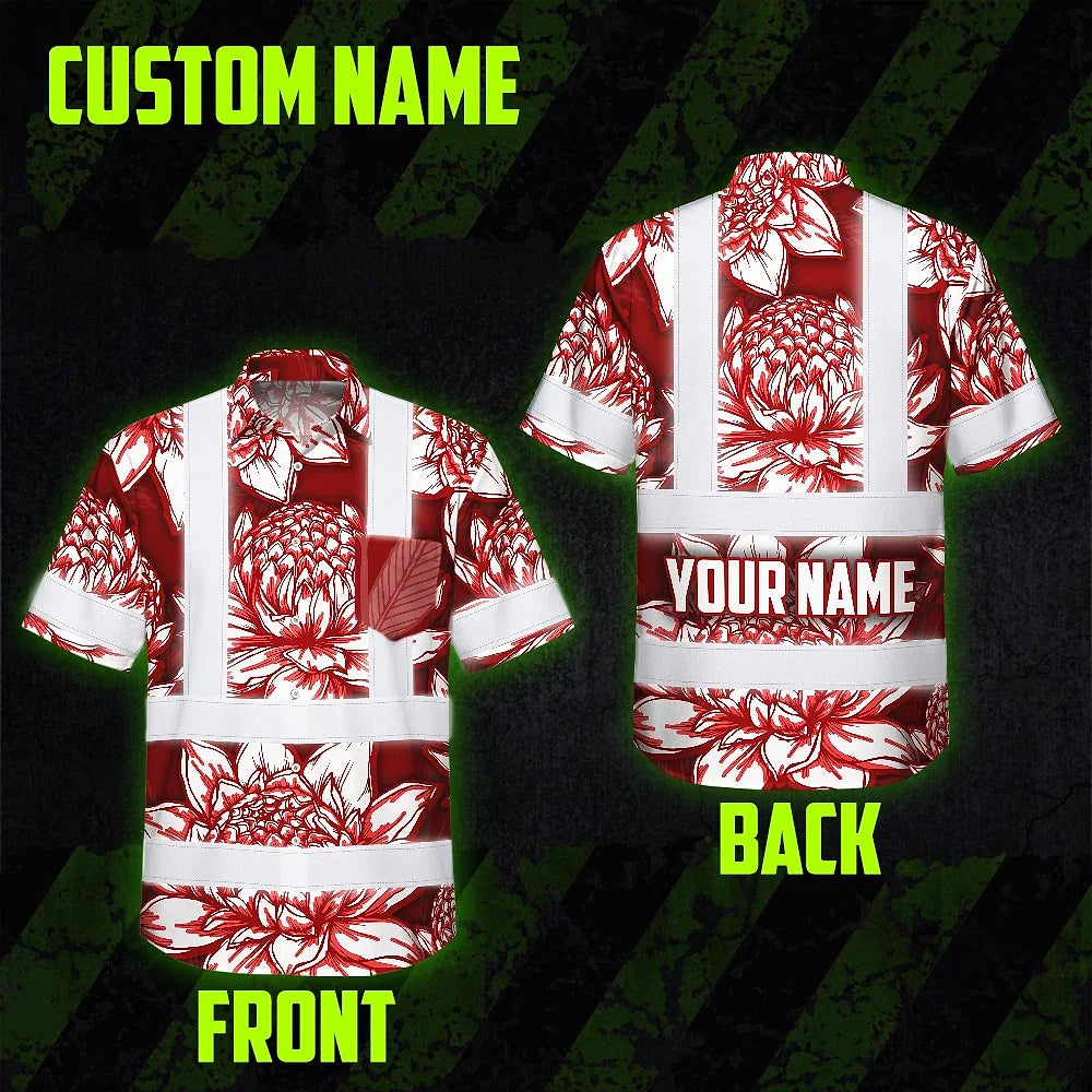 Hi Vis Hawaiian Shirt Reflective Tapes Red Neon White Protea Custom Name Safety Workwear For Workers, Truckers, Operators
