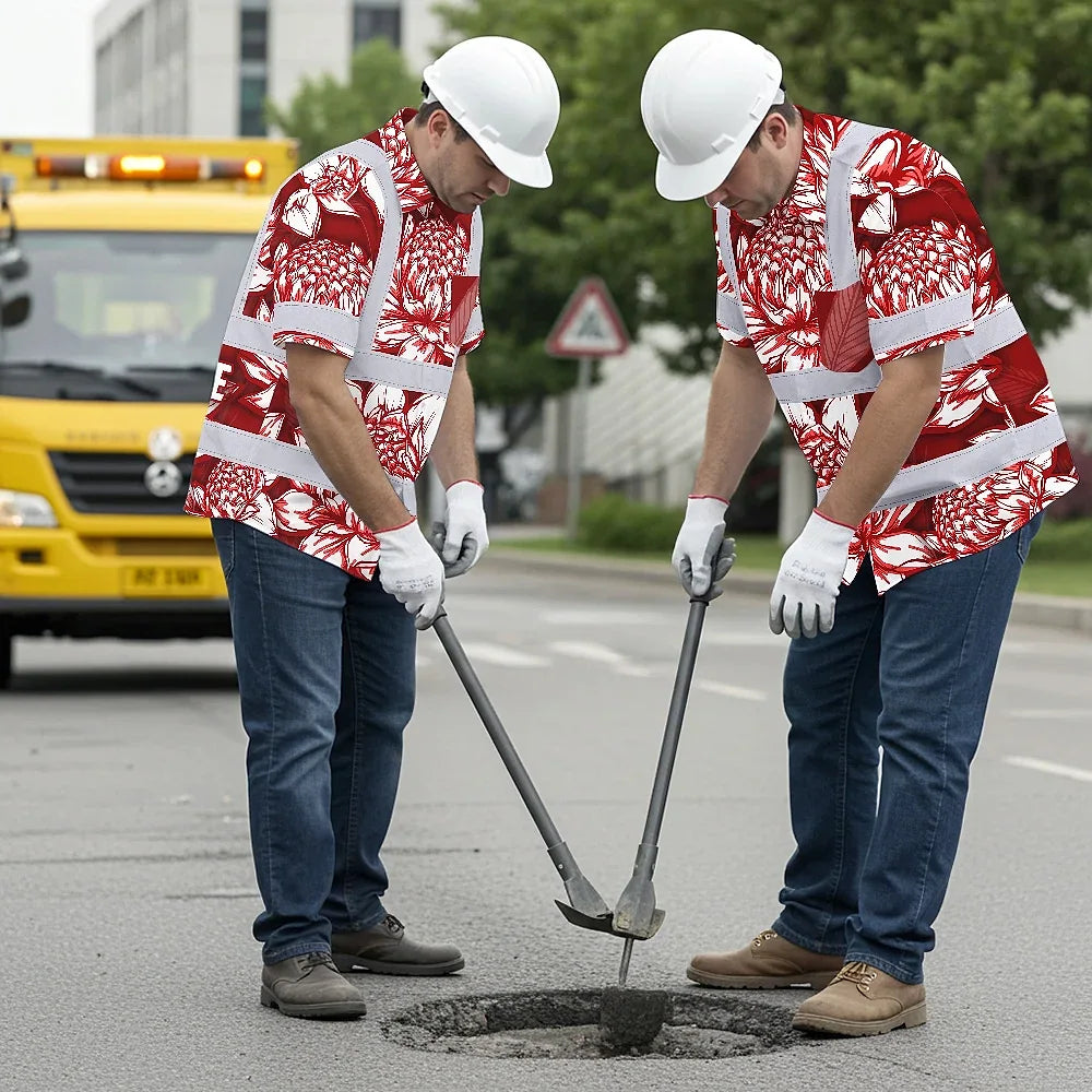 Hi Vis Hawaiian Shirt Reflective Tapes Red Neon White Protea Custom Name Safety Workwear For Workers, Truckers, Operators