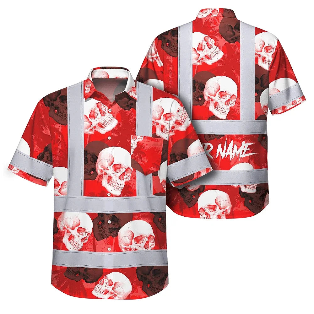 Hi Vis Hawaiian Shirt Reflective Tapes Red Neon White Skull Custom Name Safety Workwear For Workers, Truckers, Operators