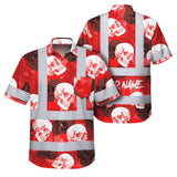 Hi Vis Hawaiian Shirt Reflective Tapes Red Neon White Skull Custom Name Safety Workwear For Workers, Truckers, Operators