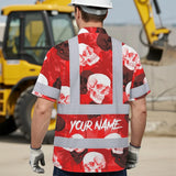 Hi Vis Hawaiian Shirt Reflective Tapes Red Neon White Skull Custom Name Safety Workwear For Workers, Truckers, Operators