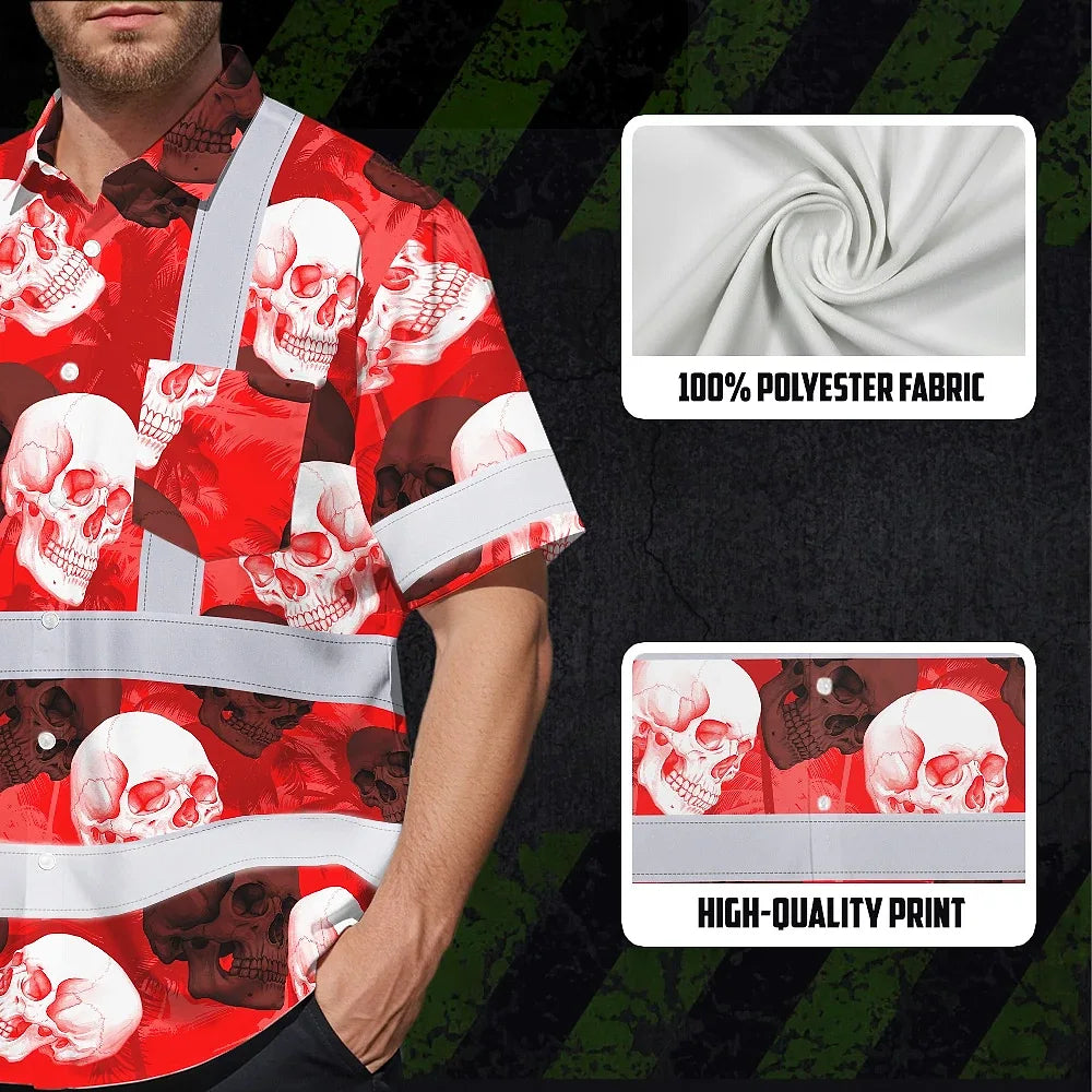 Hi Vis Hawaiian Shirt Reflective Tapes Red Neon White Skull Custom Name Safety Workwear For Workers, Truckers, Operators