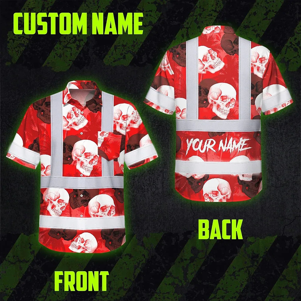 Hi Vis Hawaiian Shirt Reflective Tapes Red Neon White Skull Custom Name Safety Workwear For Workers, Truckers, Operators