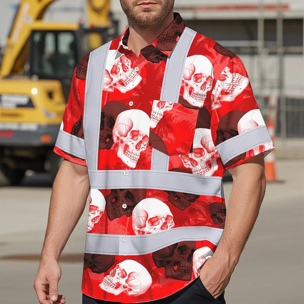 Hi Vis Hawaiian Shirt Reflective Tapes Red Neon White Skull Custom Name Safety Workwear For Workers, Truckers, Operators