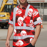 Hi Vis Hawaiian Shirt Reflective Tapes Red Neon White Skull Custom Name Safety Workwear For Workers, Truckers, Operators
