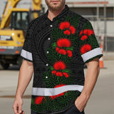 Hi Vis Hawaiian Shirt Reflective Tapes Red Ohia Lehua Polynesian Tribal Custom Name Safety Workwear For Workers, Truckers, Operators