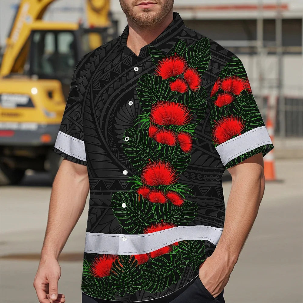 Hi Vis Hawaiian Shirt Reflective Tapes Red Ohia Lehua Polynesian Tribal Custom Name Safety Workwear For Workers, Truckers, Operators