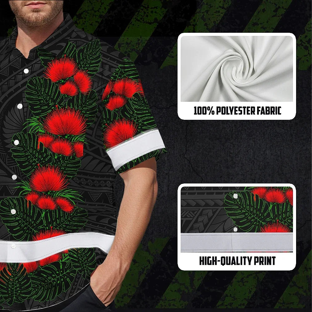 Hi Vis Hawaiian Shirt Reflective Tapes Red Ohia Lehua Polynesian Tribal Custom Name Safety Workwear For Workers, Truckers, Operators