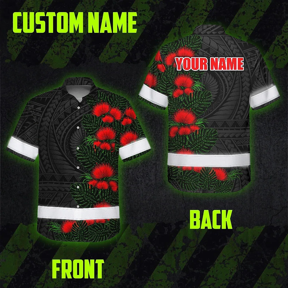 Hi Vis Hawaiian Shirt Reflective Tapes Red Ohia Lehua Polynesian Tribal Custom Name Safety Workwear For Workers, Truckers, Operators