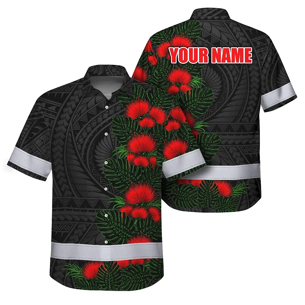 Hi Vis Hawaiian Shirt Reflective Tapes Red Ohia Lehua Polynesian Tribal Custom Name Safety Workwear For Workers, Truckers, Operators