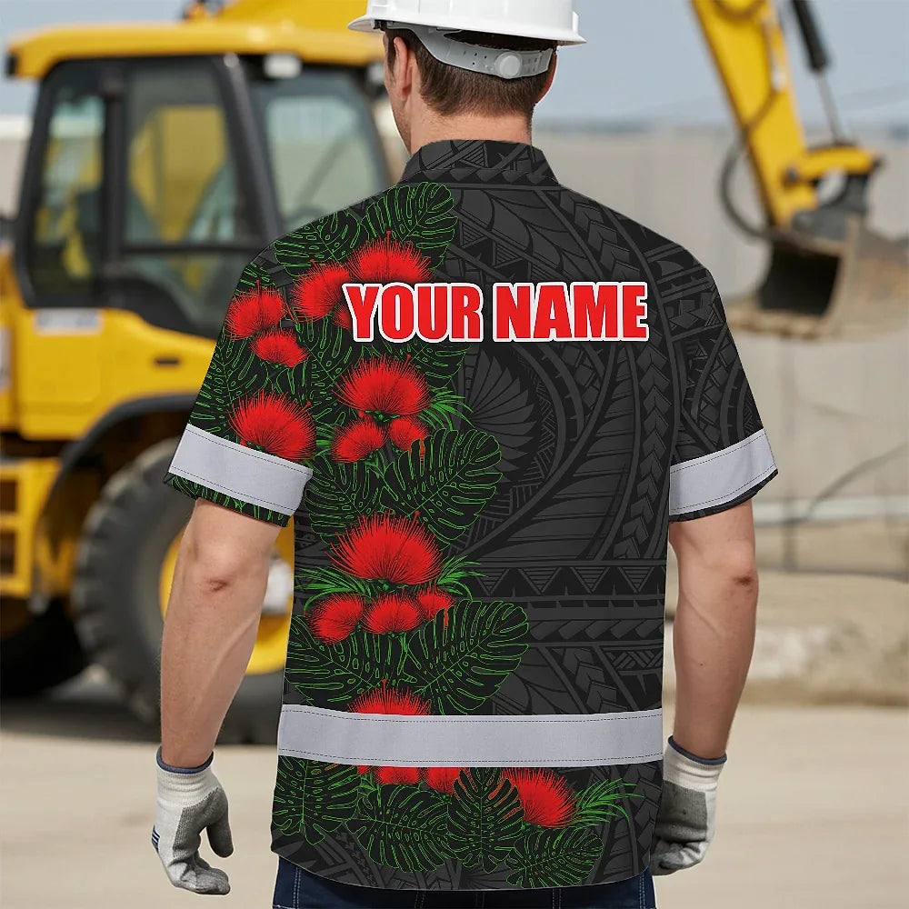 Hi Vis Hawaiian Shirt Reflective Tapes Red Ohia Lehua Polynesian Tribal Custom Name Safety Workwear For Workers, Truckers, Operators